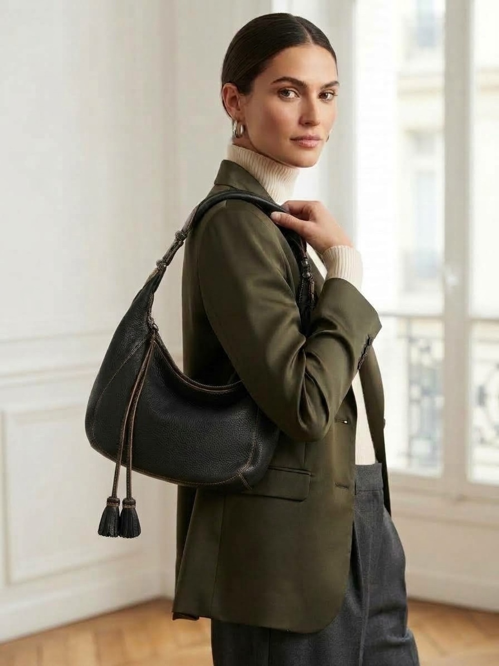 Cole Haan Black Pebbled Leather Crescent Hobo with Tassels